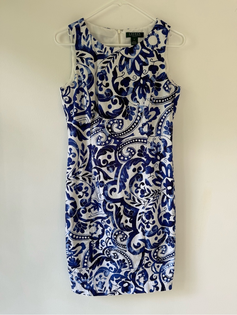 Lauren Ralph Lauren Blue White Floral Sheath Dress Sleeveless Size 8 Cotton